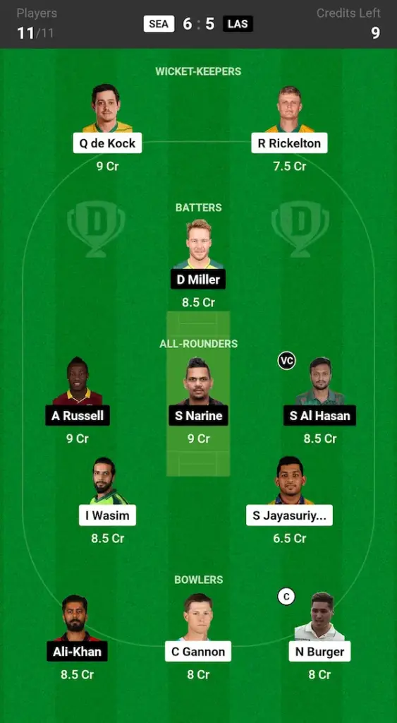 SEA vs LAS Dream11 Prediction Today Match Grand League Team