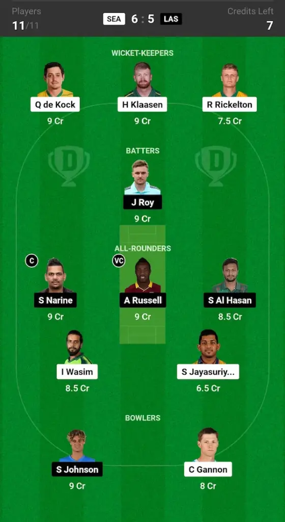 SEA vs LAS Dream11 Prediction Today Match Small League Team