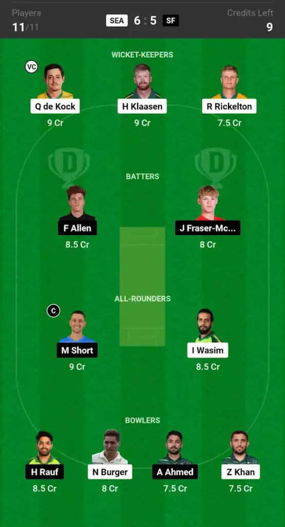 SEA vs SF Dream11 Prediction Today Match Small League Teams