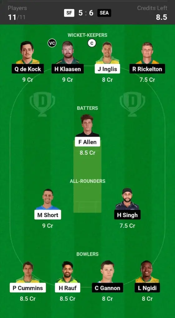 SF vs SEA Dream11 Prediction Grand League Team