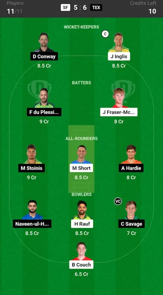 SF vs TEX Dream11 Prediction Today Match Grand League Team