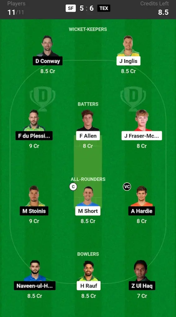 SF vs TEX Dream11 Prediction Today Match Small League Team