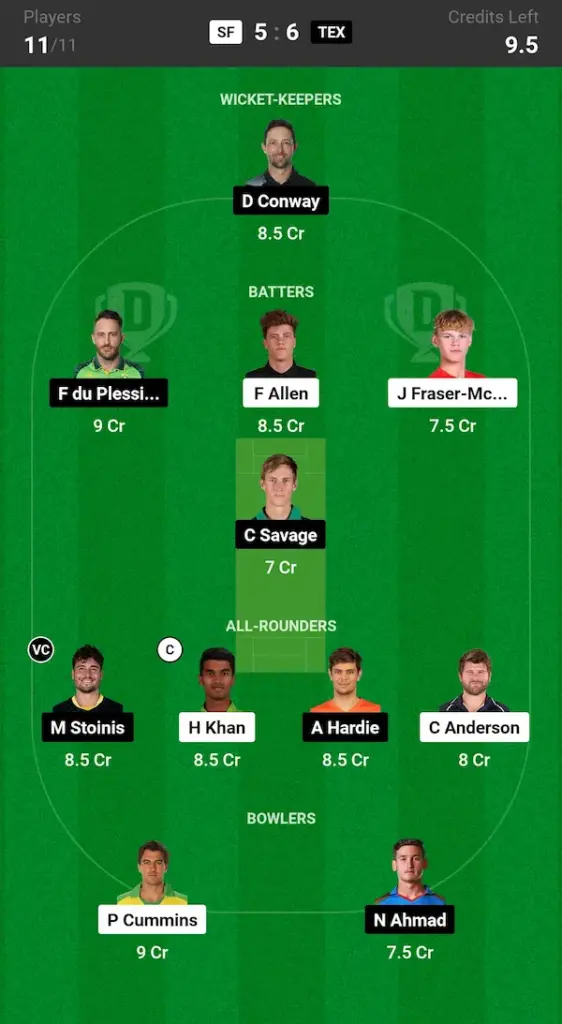 SF vs TEX Dream11 Small League Team