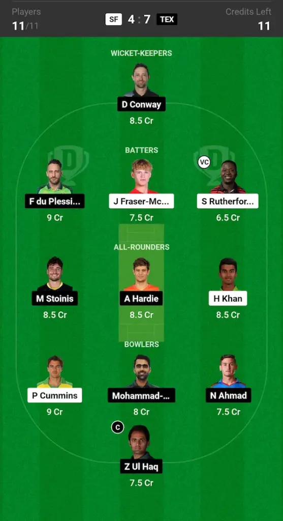 SF vs TEX Dream11 Prediction Grand League Team