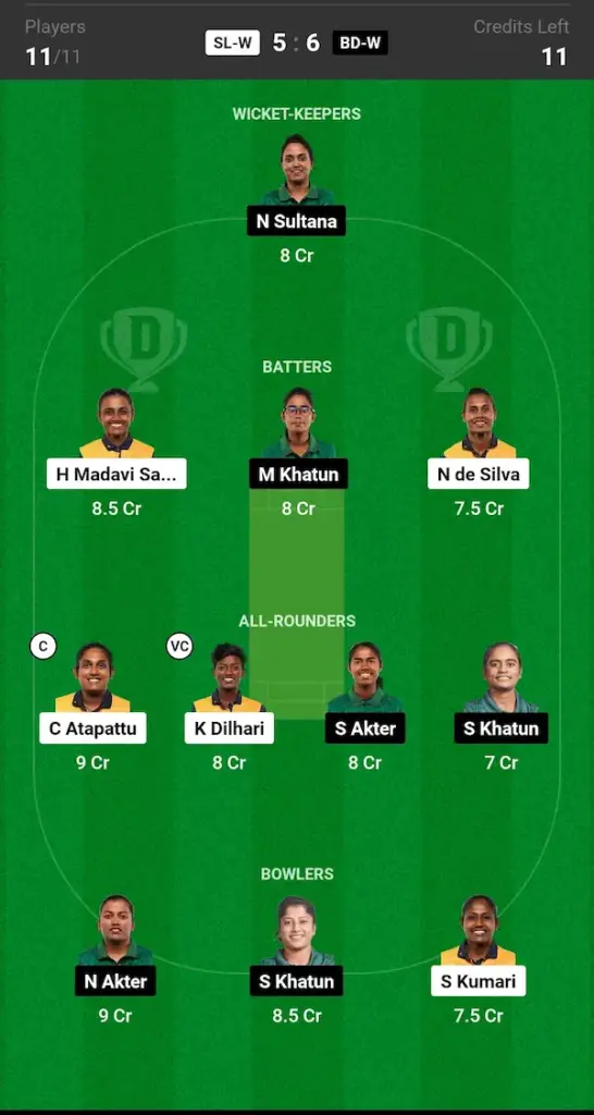 SL W vs BD W Dream11 Prediction Small League Team