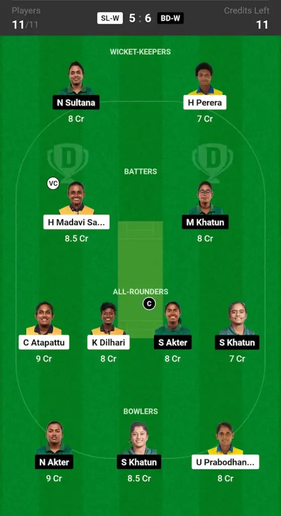 SL W vs BD W Dream11 Prediction Grand League Team