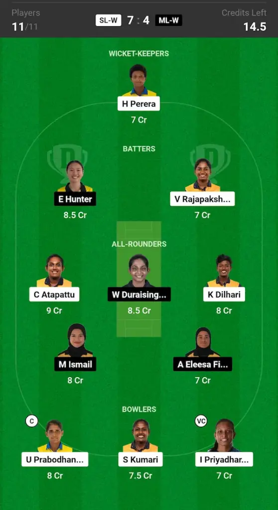 SL W vs ML W Dream11 Prediction Grand League Team