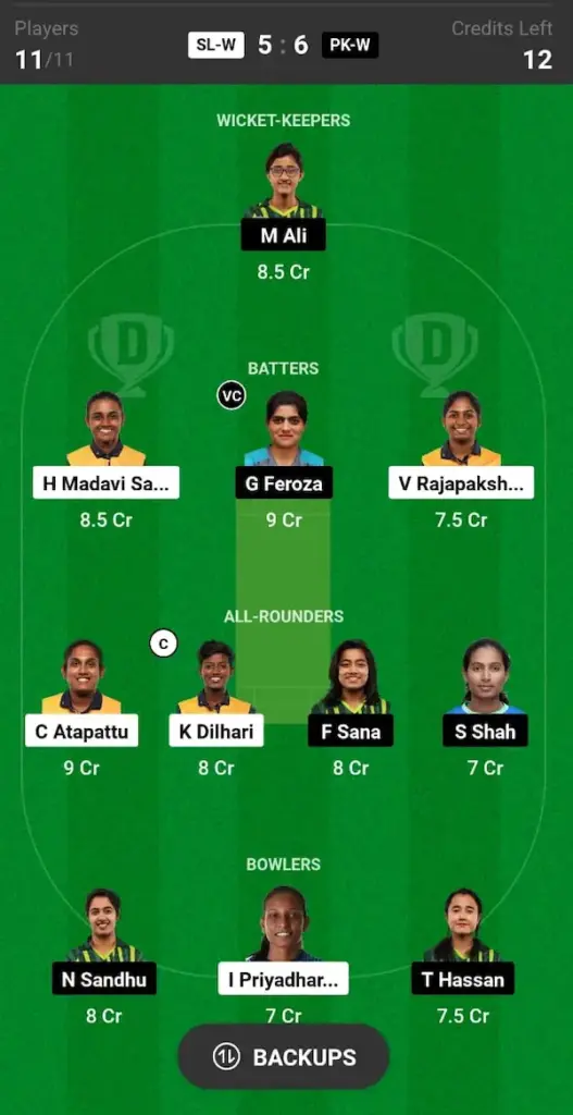 SL W vs PAK W Dream11 Prediction Grand League Team