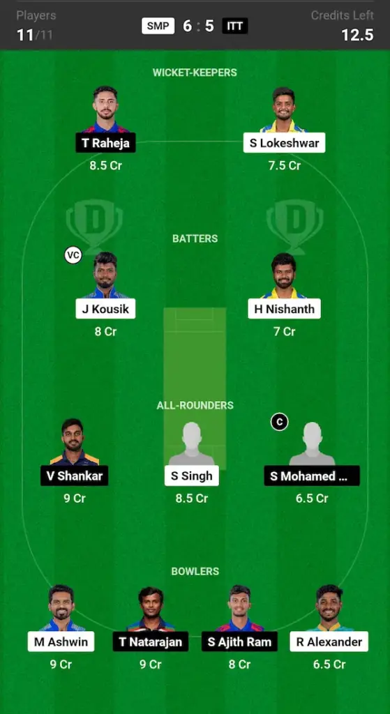 SMP vs ITT Dream11 Prediction Today Match Small League Team