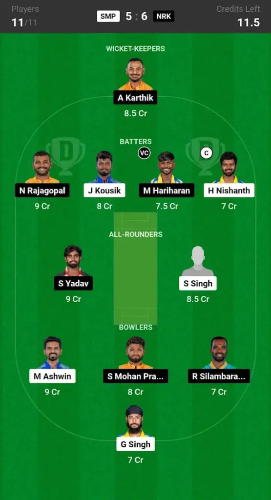 SMP vs NRK Dream11 Prediction Today Match Grand League Team