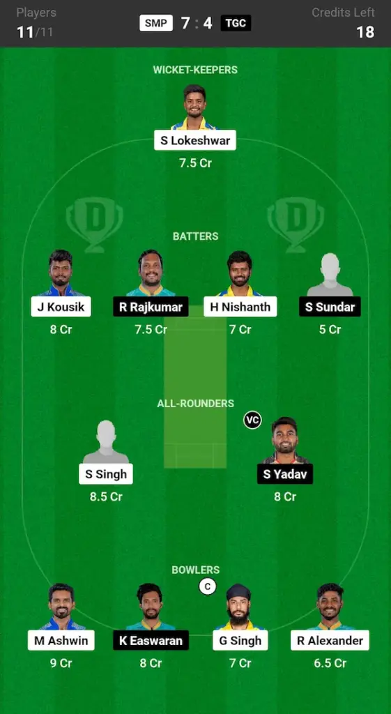 SMP vs TGC Dream11 Prediction Today Match Grand League Team