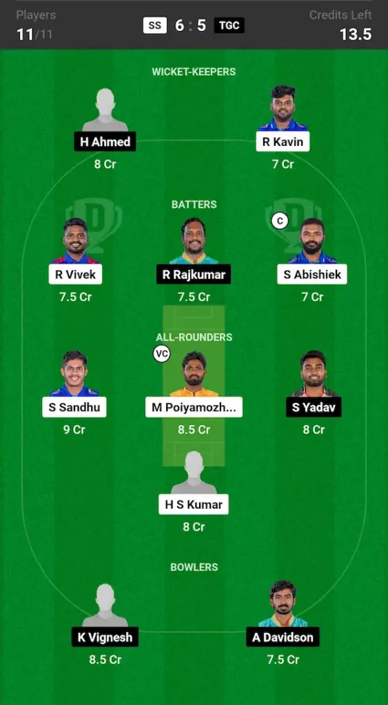 SS vs TGC Dream11 Prediction Today Match Grand League Team