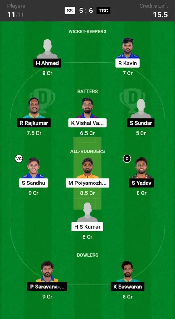 SS vs TGC Dream11 Prediction Today Match Small League Team