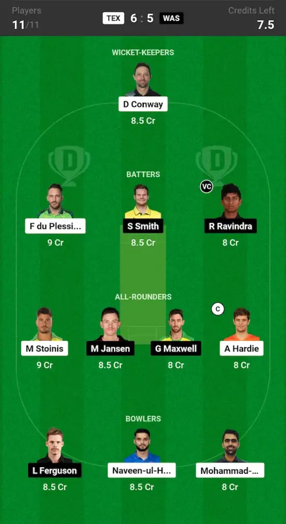 TEX vs WAS Dream11 Prediction Today Match Grand League Team