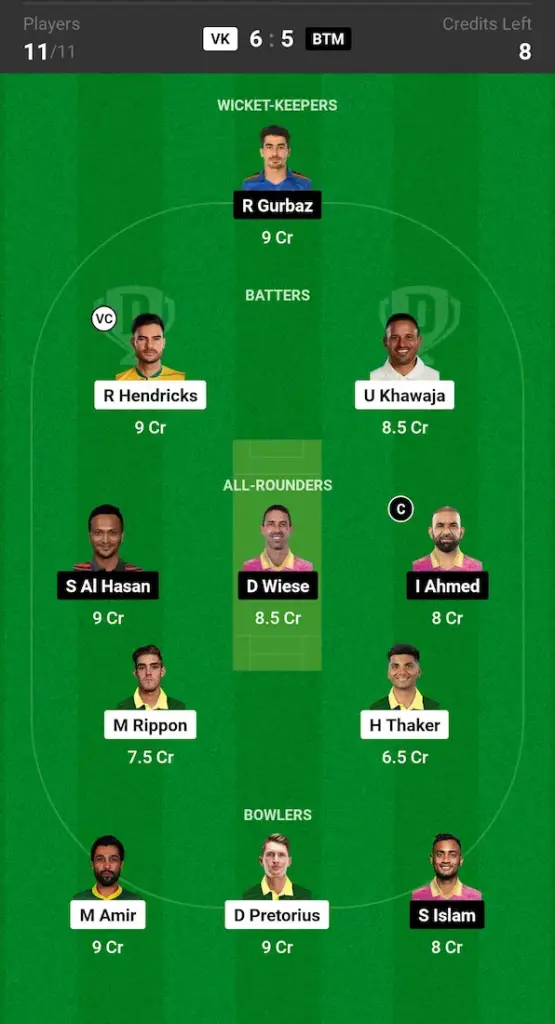 VK vs BTM Dream11 Prediction Grand League Team