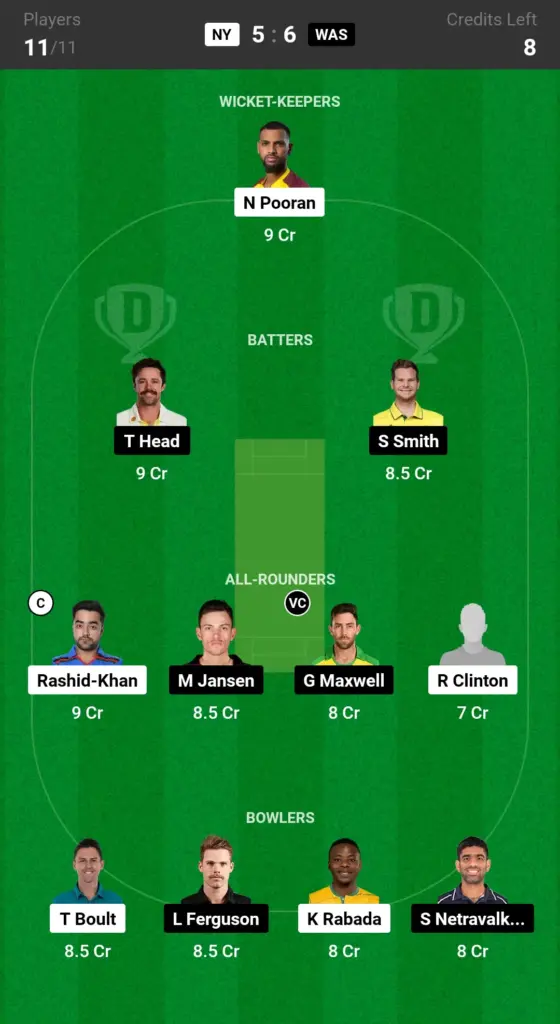 NY vs WAS Dream11 Small League Team