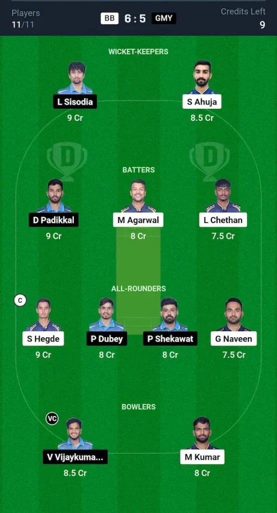 BB vs GMY Dream11 Prediction Small League Team