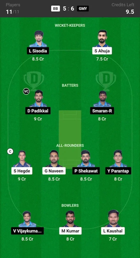 BB vs GMY Dream11 Prediction Small League Team