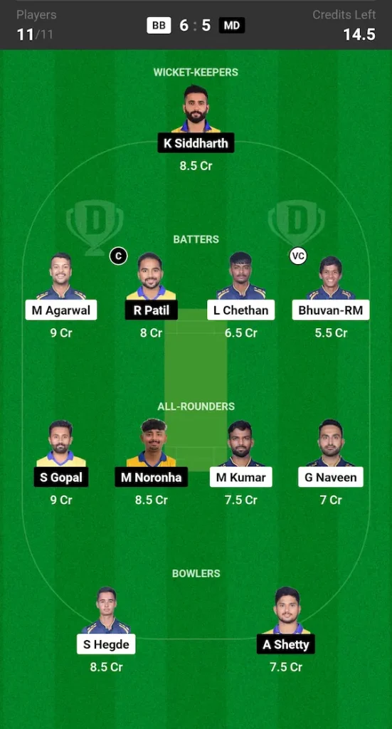 BB vs MD Dream11 Prediction Grand League Team