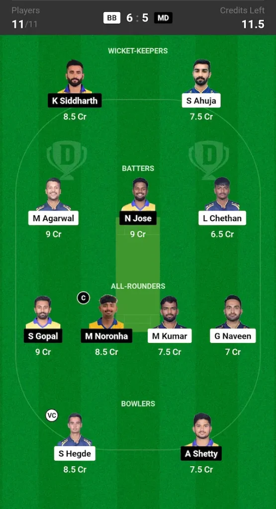 BB vs MD Dream11 Prediction Small League Team