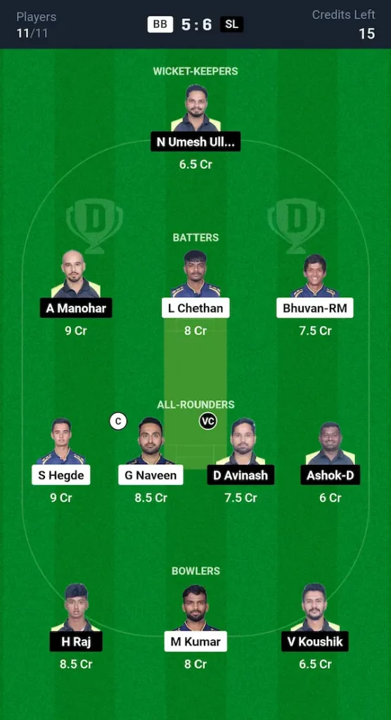 BB vs SL Dream11 Prediction Grand League Team