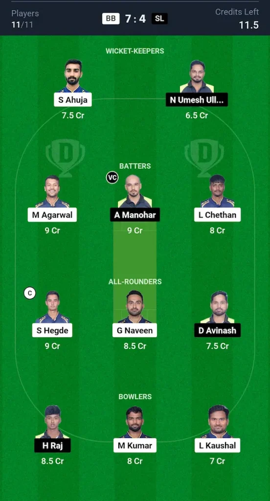 BB vs SL Dream11 Prediction Small League Team