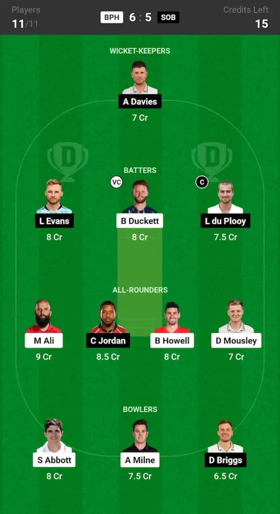 BPH vs SOB Dream11 Prediction Grand League Team