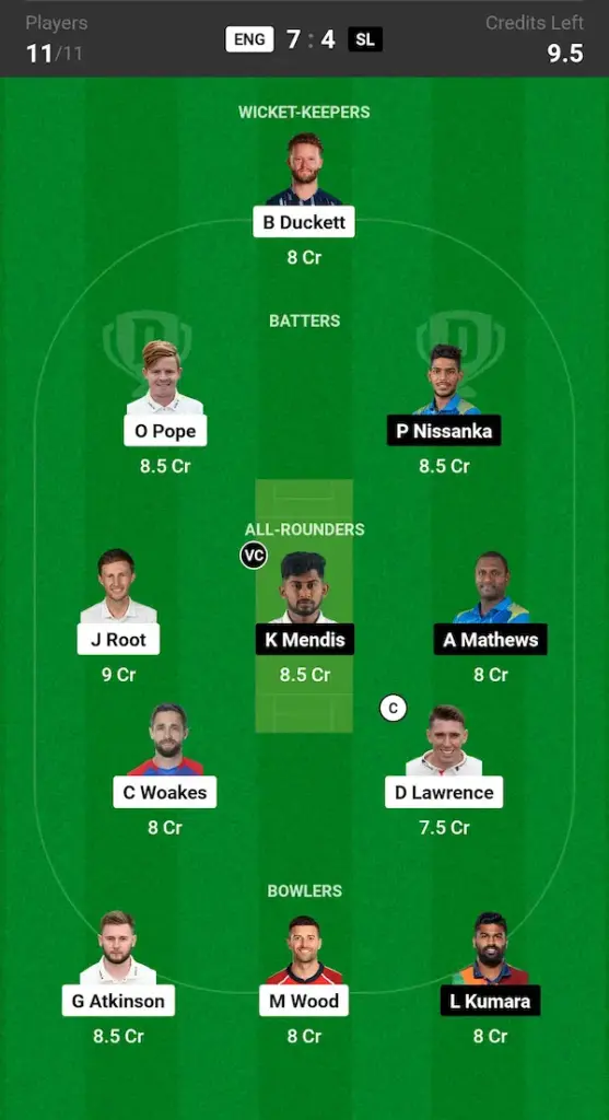 ENG vs SL Dream11 Prediction Grand League Team