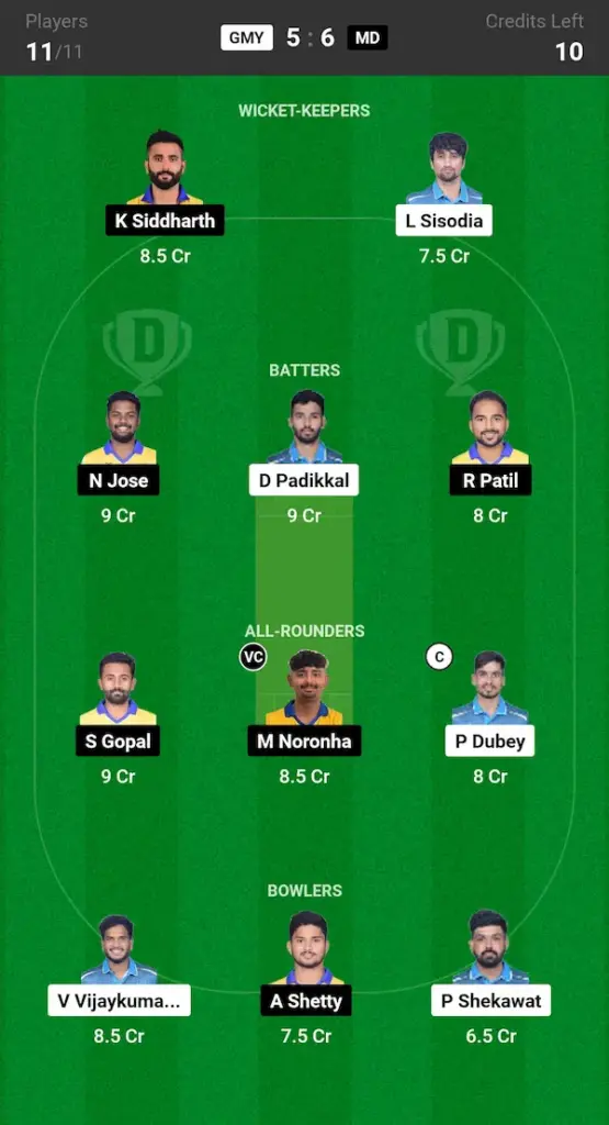 GMY vs MD Dream11 Prediction Small League Team