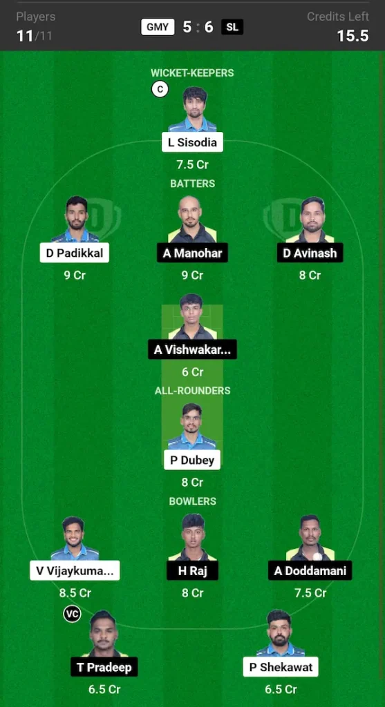 GMY vs SL Dream11 Prediction Grand League Team