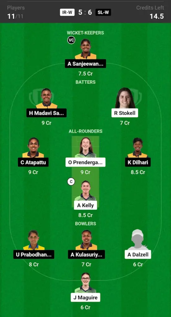 IR W vs SL W Dream11 Prediction Grand League Team