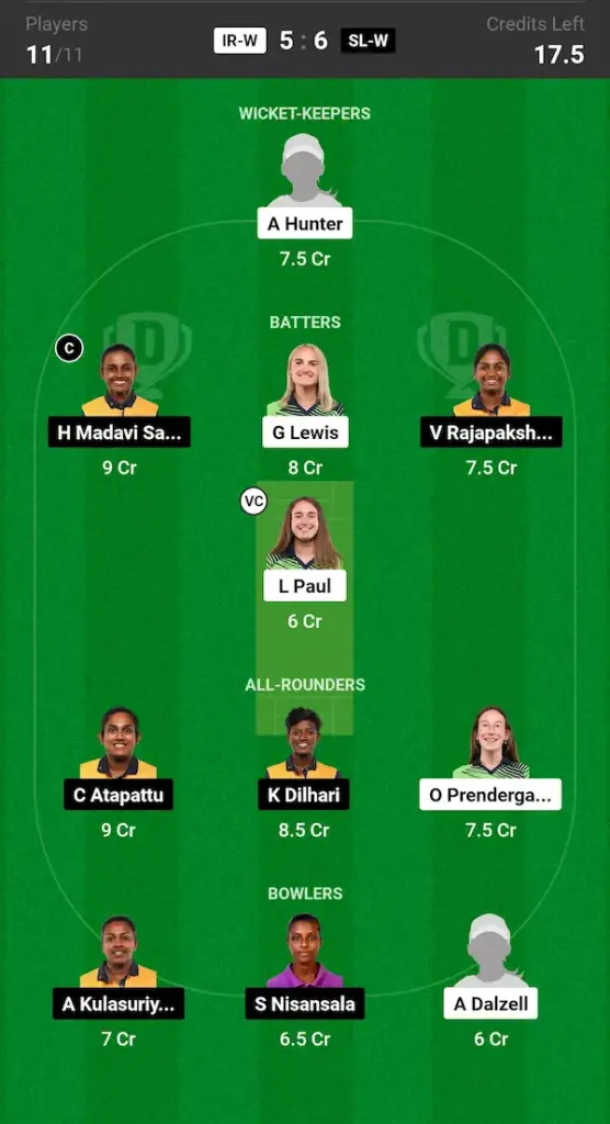 IR W vs SL W Dream11 Prediction Grand League Team