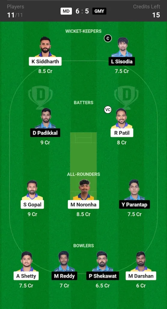 MD vs GMY Dream11 Prediction Grand League Team