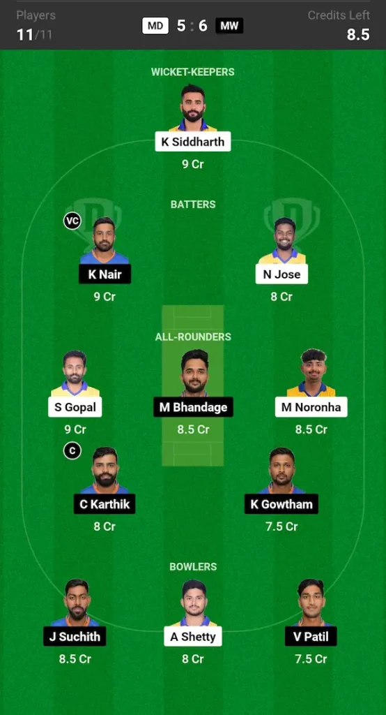 MD vs MW Dream11 Prediction Small League Team