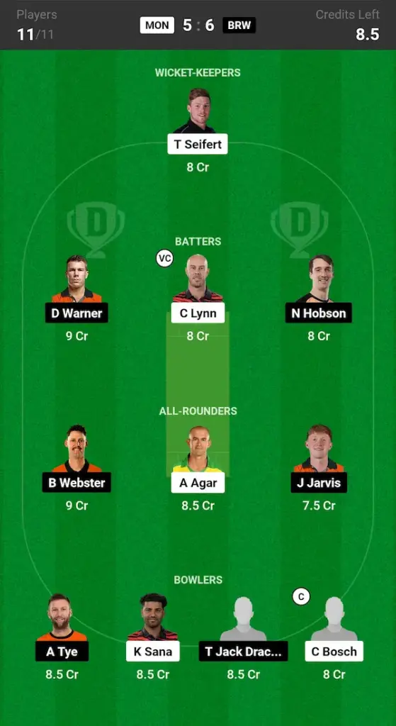 MON vs BRW Dream11 Prediction Grand League Team