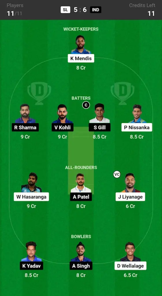 SL vs IND Dream11 Prediction Grand League Team