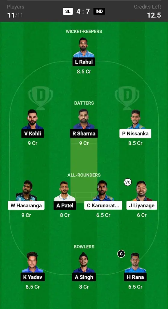 SL vs IND Dream11 Prediction Grand League Team