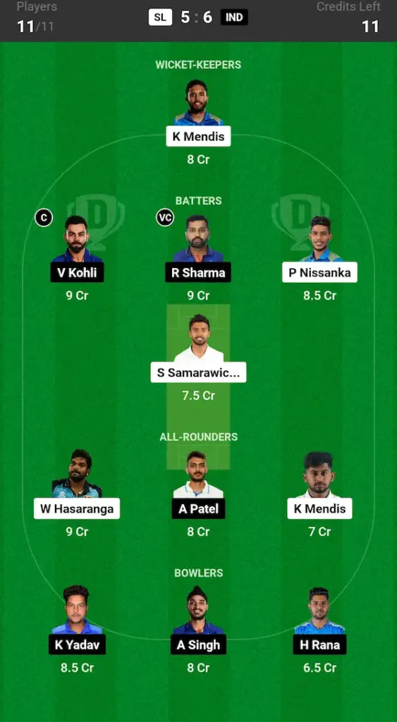 SL vs IND Dream11 Prediction Small League Team