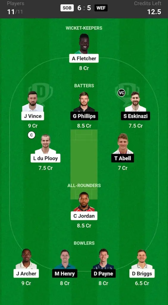 SOB vs WEF Dream11 Prediction Grand League Team