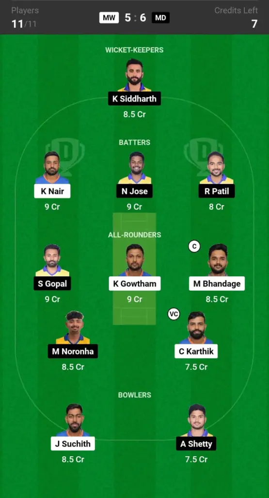 MW vs MD Dream11 Prediction Small League Team