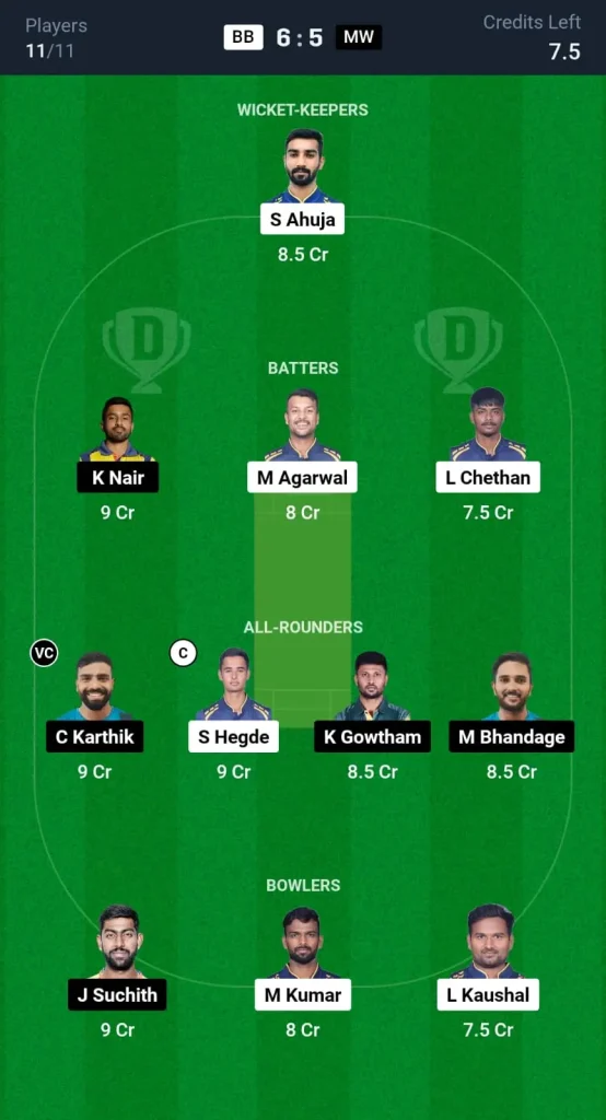 BB vs MW Dream11 Small League Team