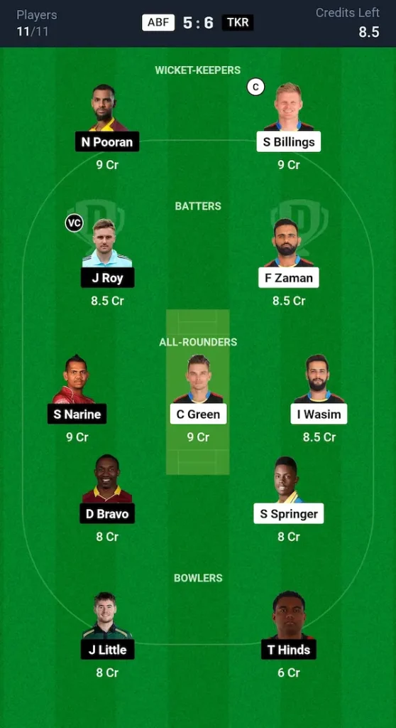 ABF vs TKR Dream11 Prediction Grand League Team