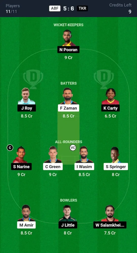 ABF vs TKR Dream11 Prediction Small League Team