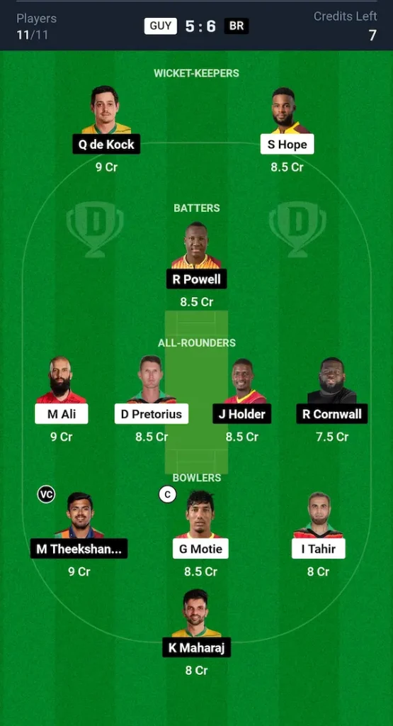 GUY vs BR Dream11 Prediction Grand League Team