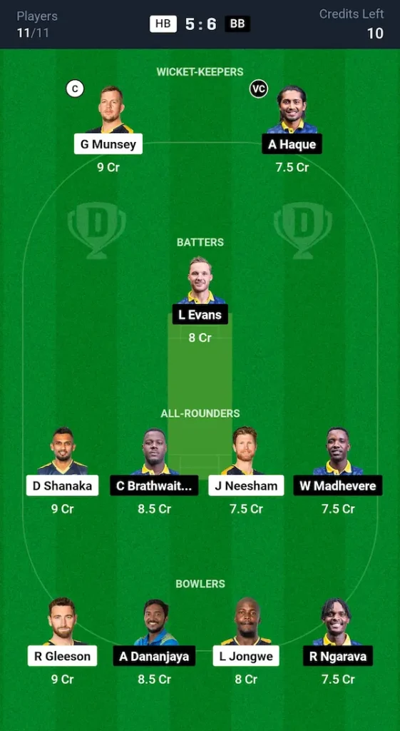 HB vs BB Dream11 Prediction Grand League Team