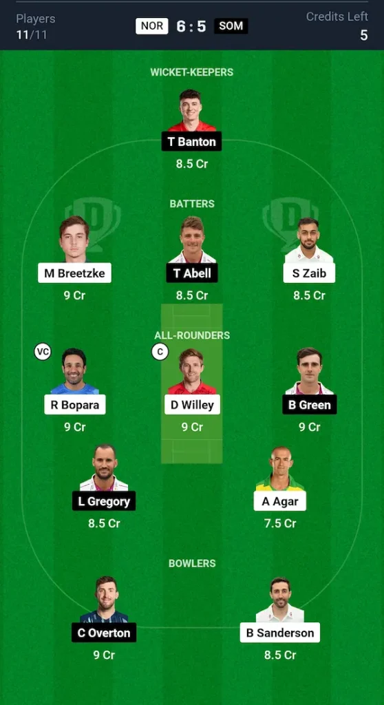 NOR vs SOM Dream11 Prediction Small League Team