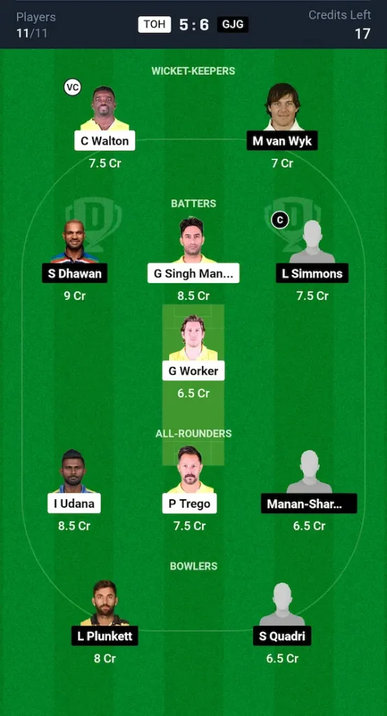 TOH vs GJG Dream11 Prediction Grand League Team