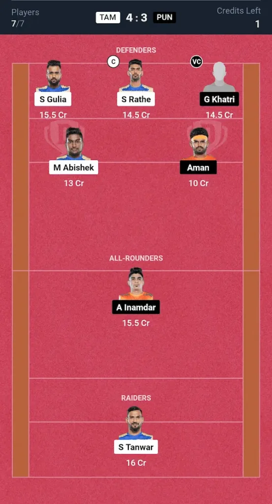 TAM vs PUN Dream11 Prediction Grand League Team PKL Match 11th