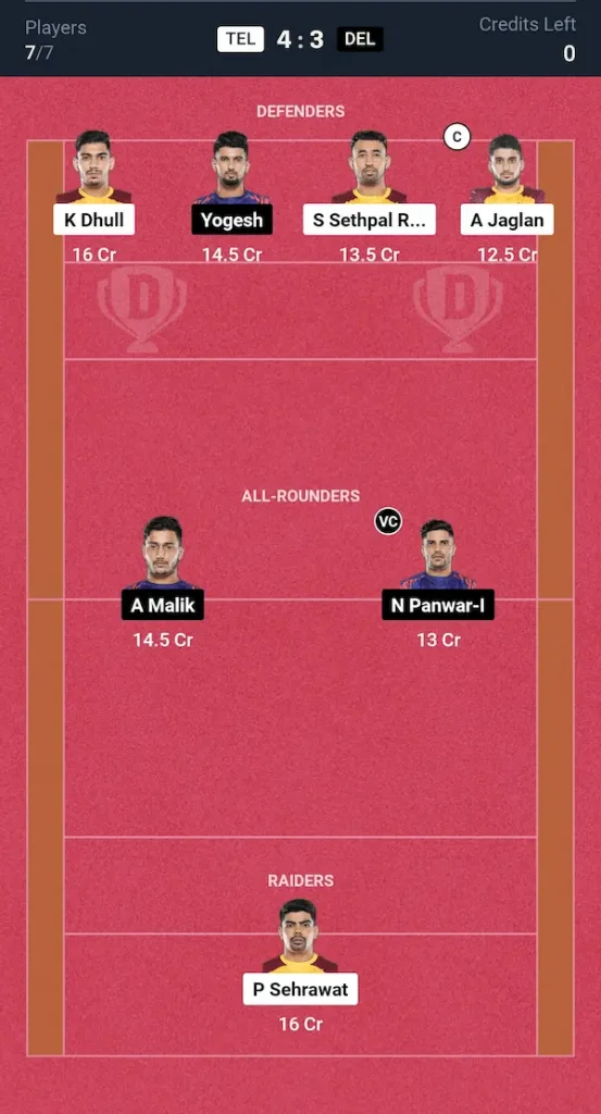 TEL vs DEL Dream11 Prediction Grand League Team PKL Match 18th