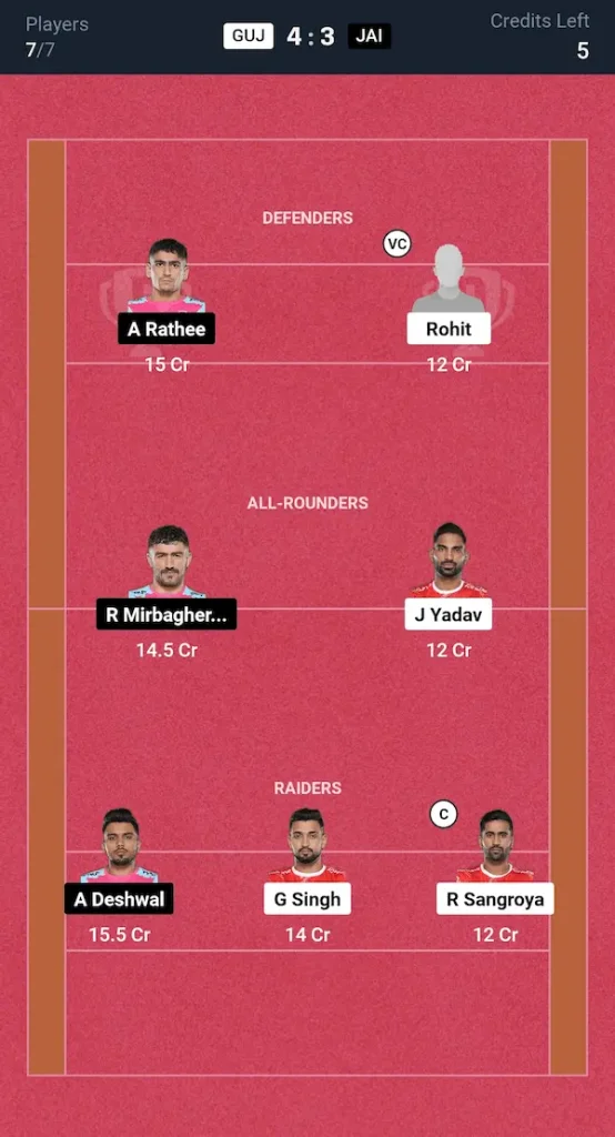 GUJ vs JAI Kabaddi Dream11 Prediction Grand League Team PKL Match 103rd